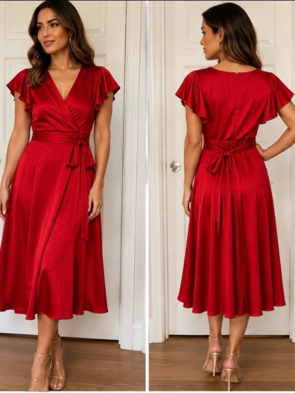 DKNY Red Wrap Midi Dress with Flutter Sleeves